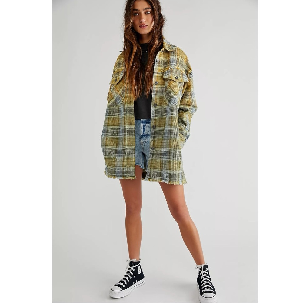 Free People Grunge 90s Anneli Plaid Shirt Jacket Shacket Moss Garden Large